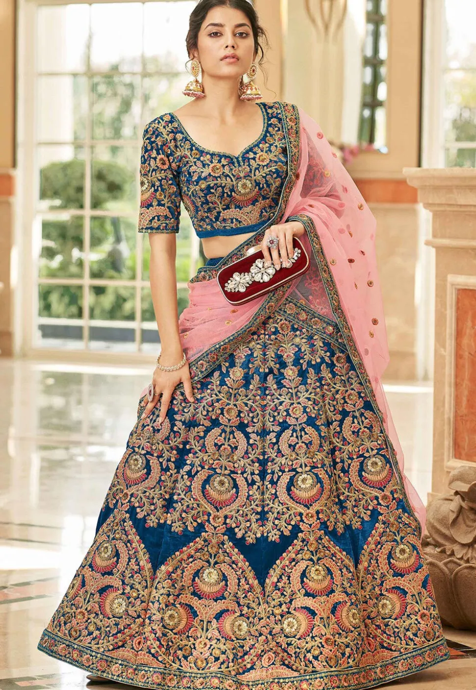 Embroidered Velvet Lehenga in Teal Blue