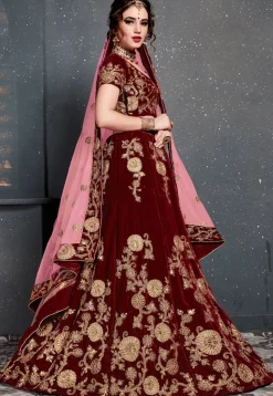 Embroidered Velvet Lehenga in Maroon