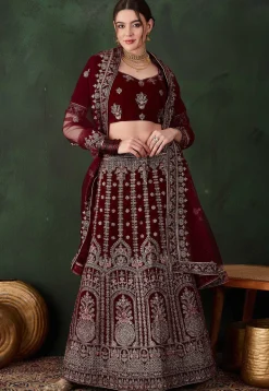Embroidered Velvet Lehenga in Maroon