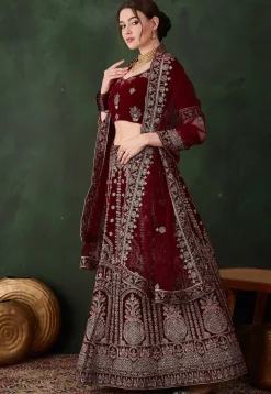 Embroidered Velvet Lehenga in Maroon