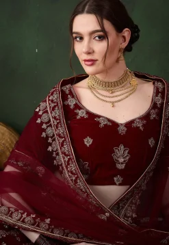 Embroidered Velvet Lehenga in Maroon