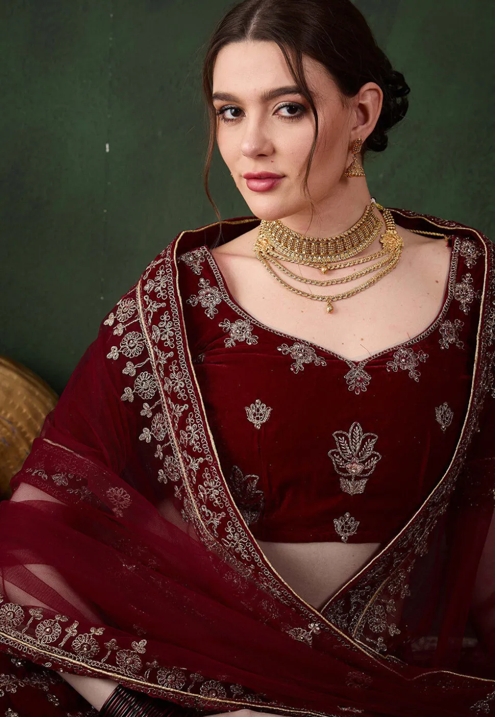Embroidered Velvet Lehenga in Maroon