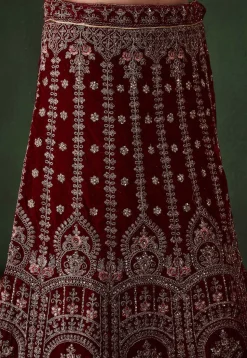 Embroidered Velvet Lehenga in Maroon