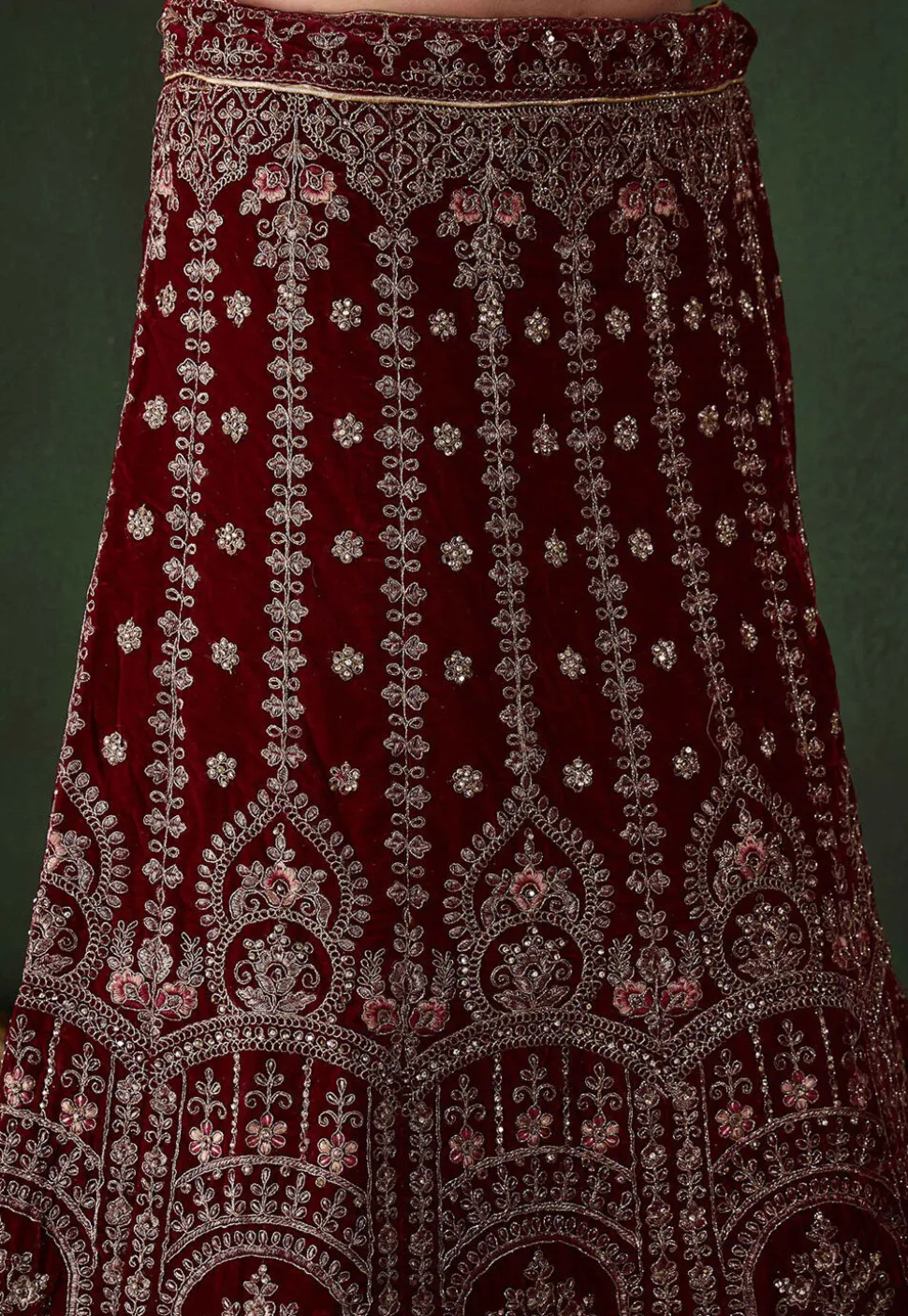 Embroidered Velvet Lehenga in Maroon