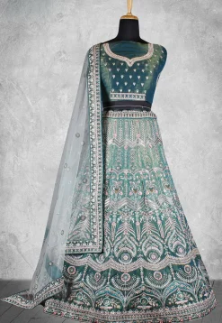Embroidered Velvet Lehenga in Dusty Green