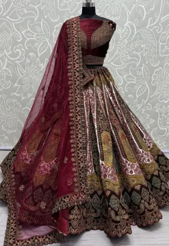 Embroidered Velvet Lehenga in Maroon
