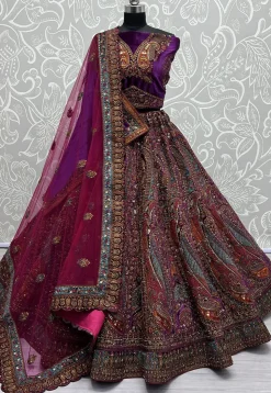 Embroidered Velvet Lehenga in Purple