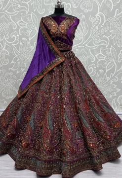 Embroidered Velvet Lehenga in Purple