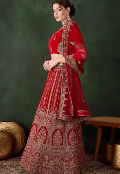Embroidered Velvet Lehenga in Red