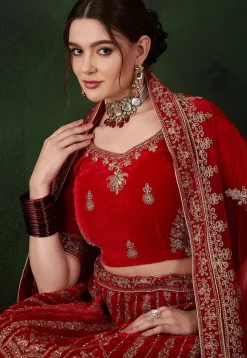 Embroidered Velvet Lehenga in Red