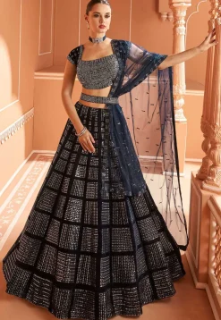 Embroidered Velvet Lehenga in Navy Blue