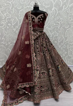 Embroidered Velvet Lehenga in Maroon
