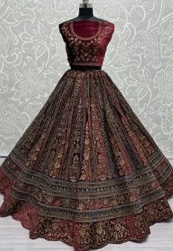 Embroidered Velvet Lehenga in Maroon