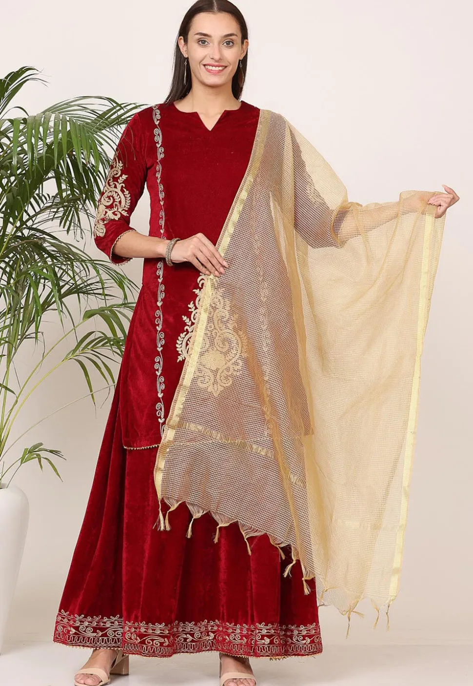 Embroidered Velvet Lehenga in Maroon