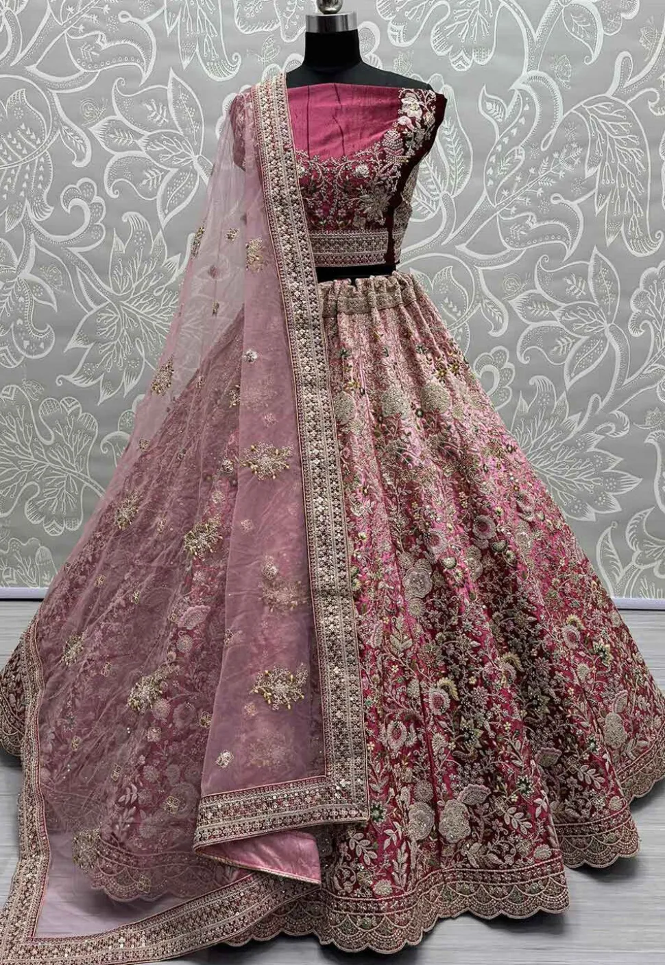 Embroidered Velvet Lehenga in Pink
