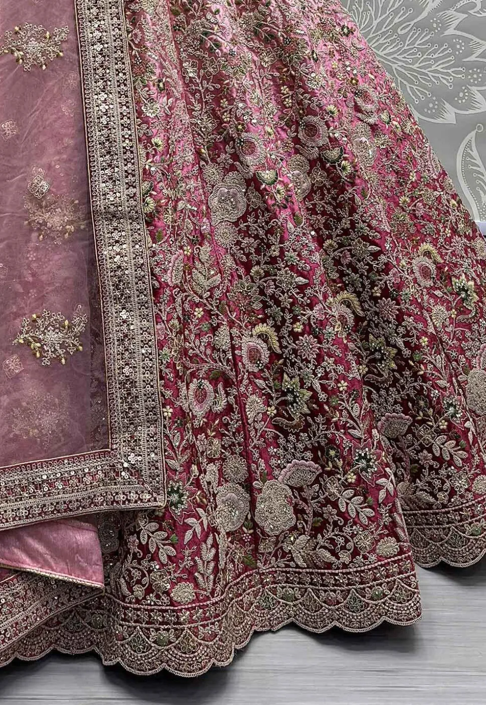 Embroidered Velvet Lehenga in Pink