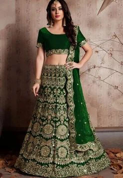 Embroidered Velvet Lehenga in Dark Green