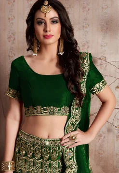 Embroidered Velvet Lehenga in Dark Green