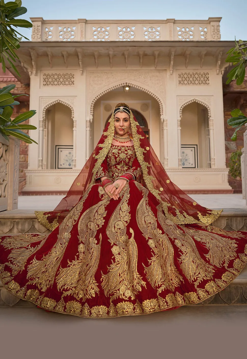 Embroidered Velvet Lehenga in Maroon