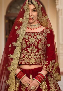 Embroidered Velvet Lehenga in Maroon
