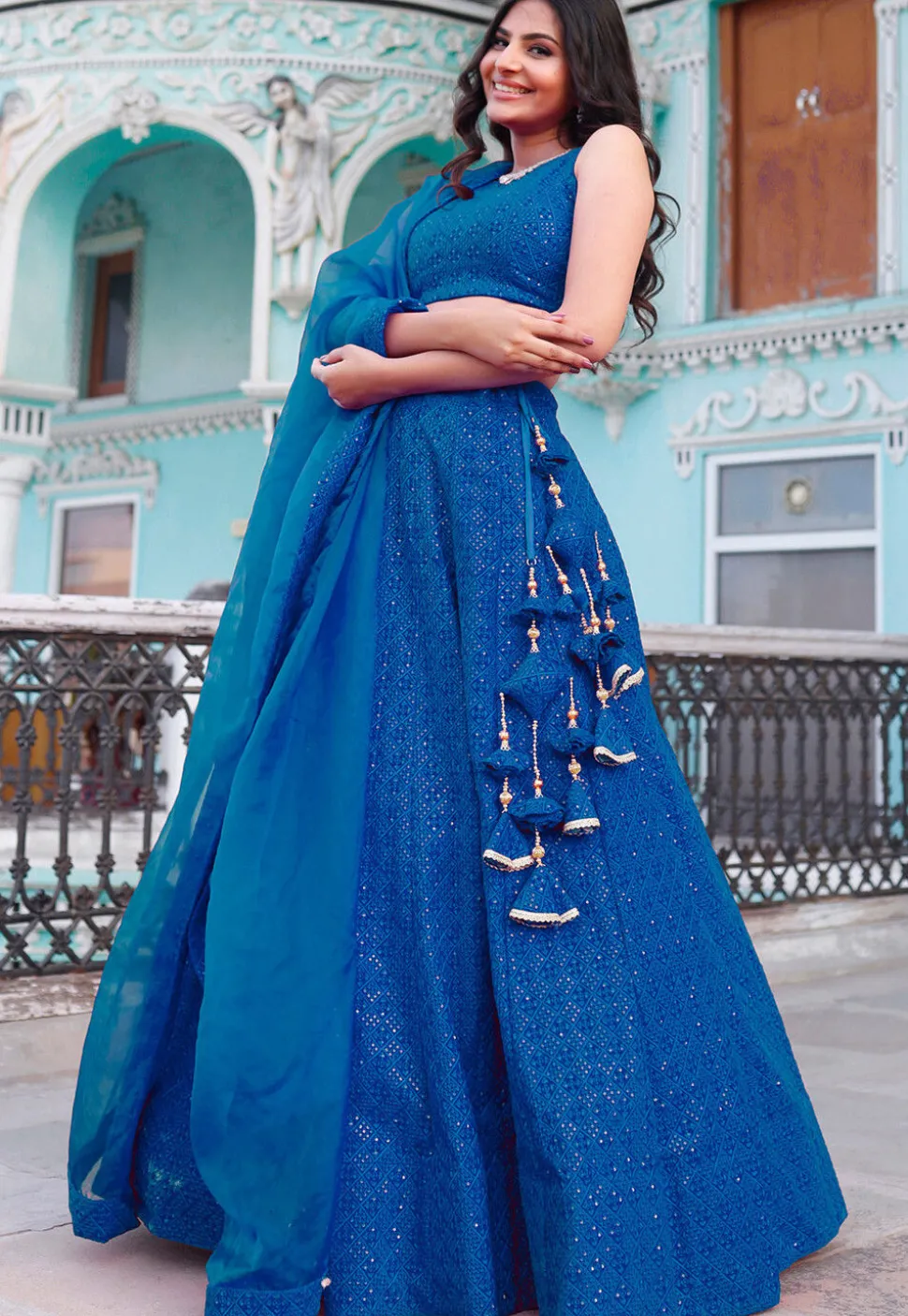 Embroidered Velvet Lehenga in Teal Blue