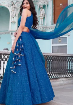 Embroidered Velvet Lehenga in Teal Blue