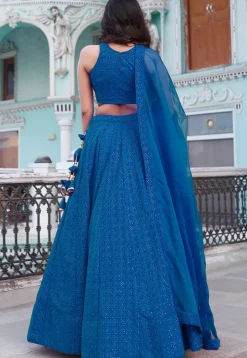 Embroidered Velvet Lehenga in Teal Blue