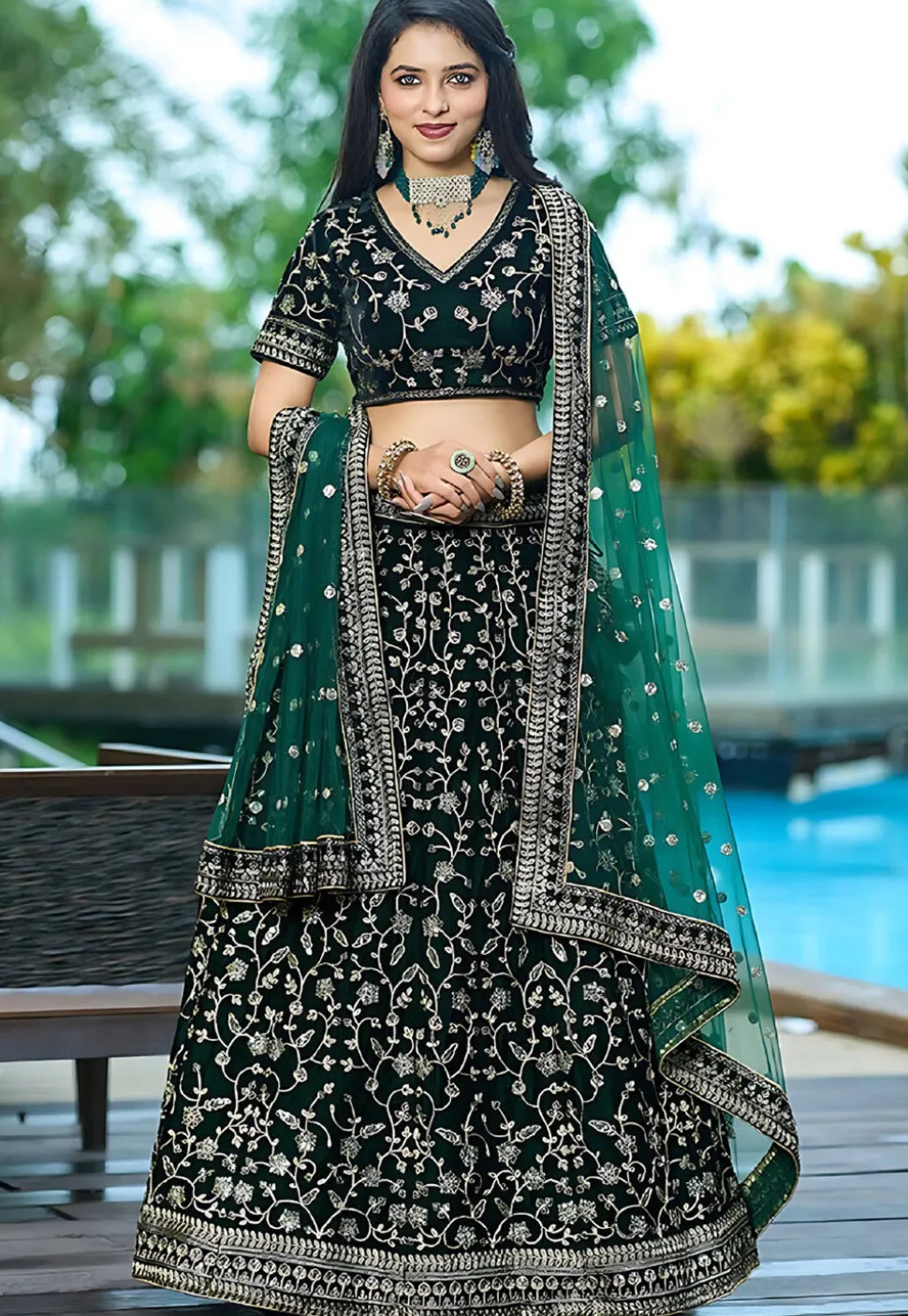 Embroidered Velvet Lehenga in Dark Green