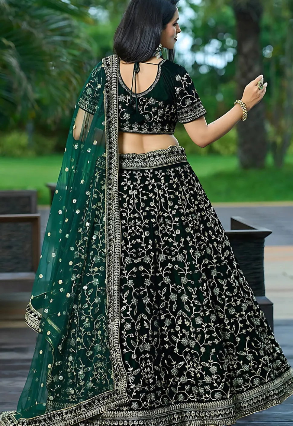 Embroidered Velvet Lehenga in Dark Green