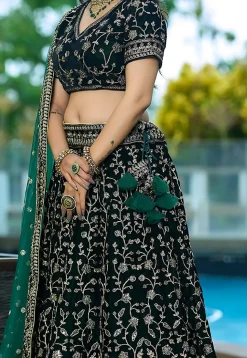 Embroidered Velvet Lehenga in Dark Green