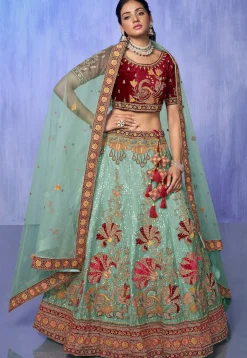 Embroidered Velvet Lehenga in Sea Green