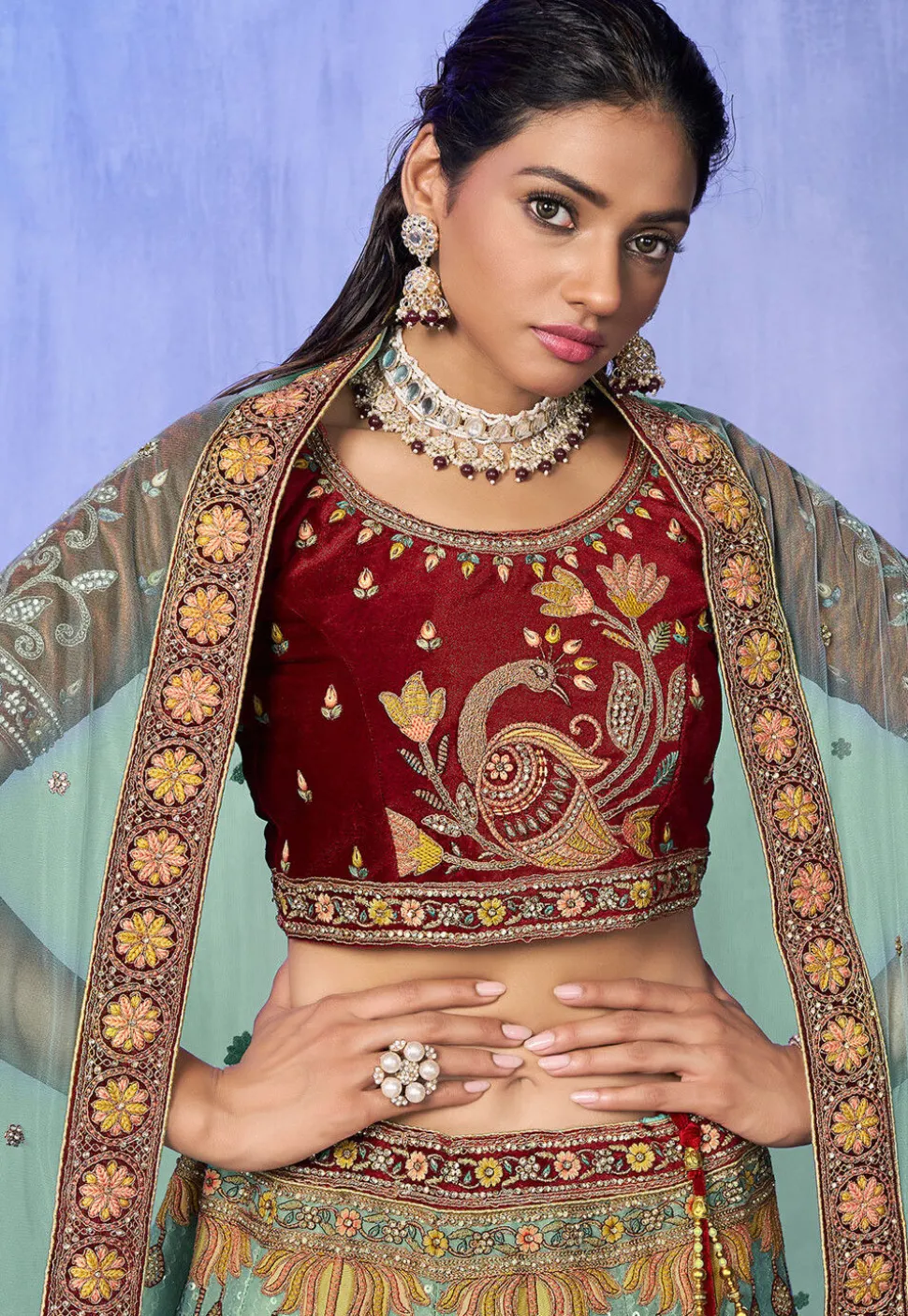 Embroidered Velvet Lehenga in Sea Green