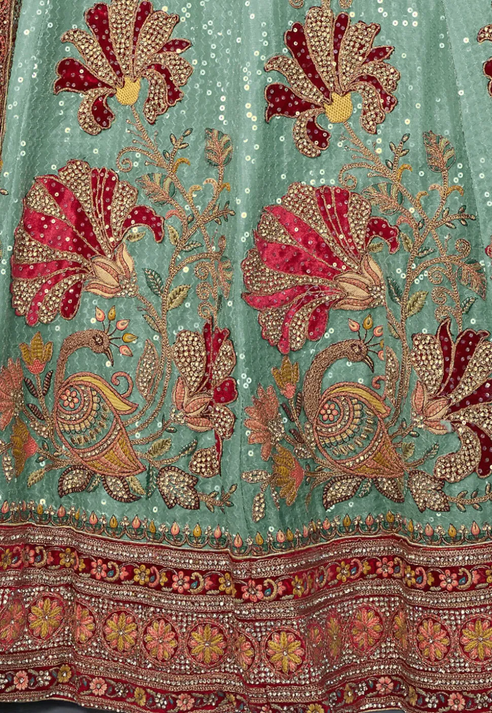 Embroidered Velvet Lehenga in Sea Green