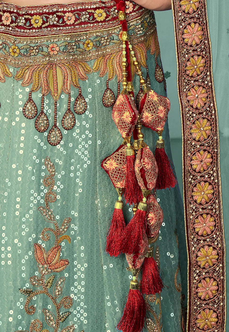 Embroidered Velvet Lehenga in Sea Green