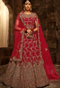 Embroidered Velvet Lehenga in Red