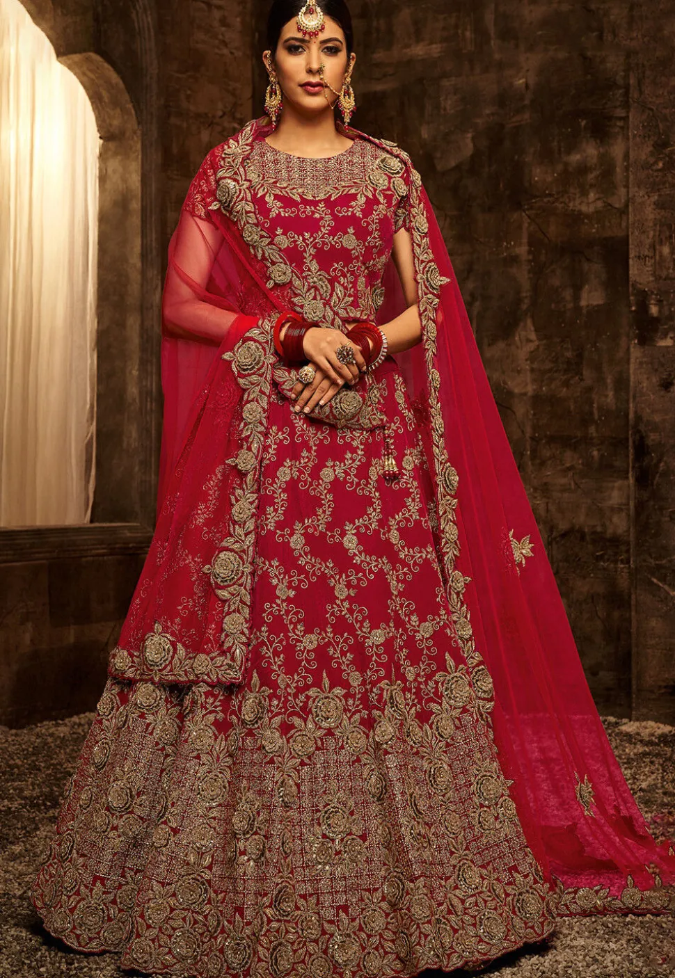 Embroidered Velvet Lehenga in Red