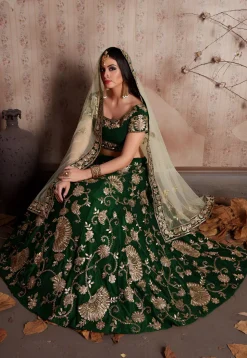 Embroidered Velvet Lehenga in Green