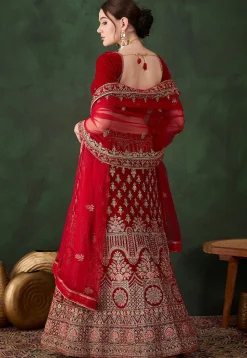 Embroidered Velvet Lehenga in Red