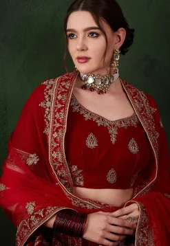 Embroidered Velvet Lehenga in Red