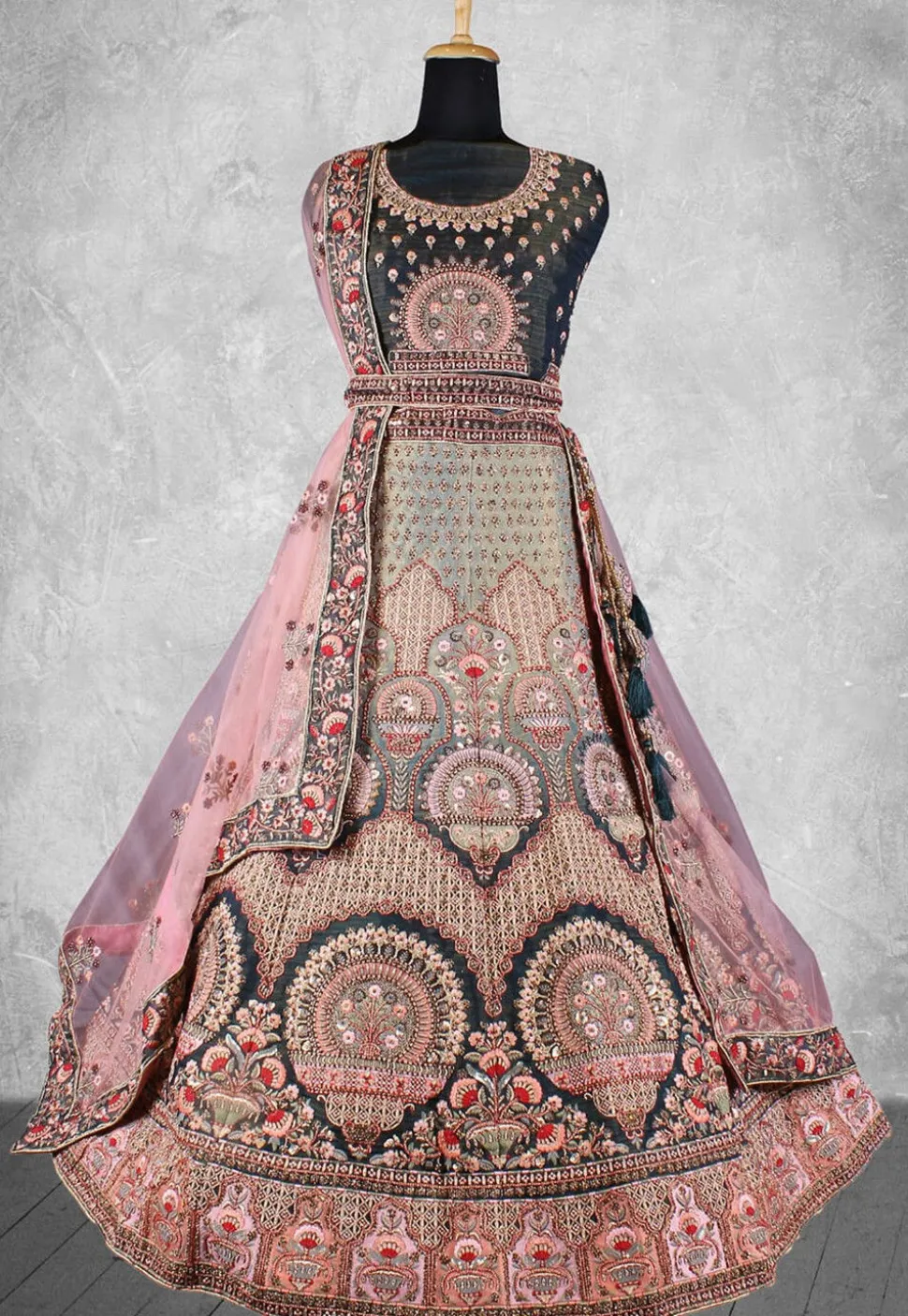 Embroidered Velvet Lehenga in Dusty Green and Black