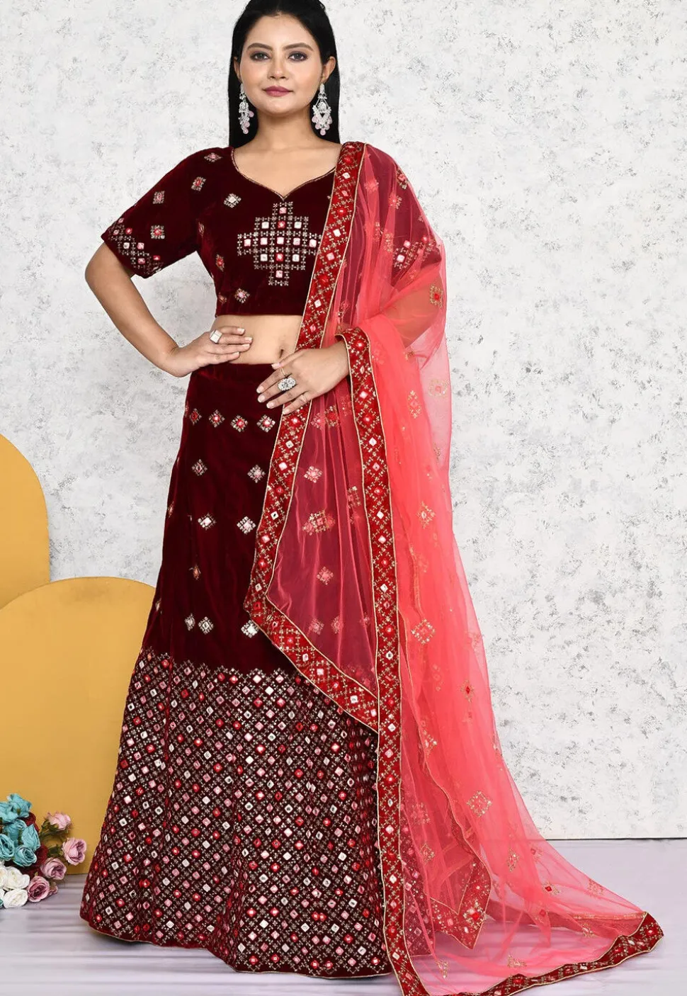 Embroidered Velvet Lehenga in Wine