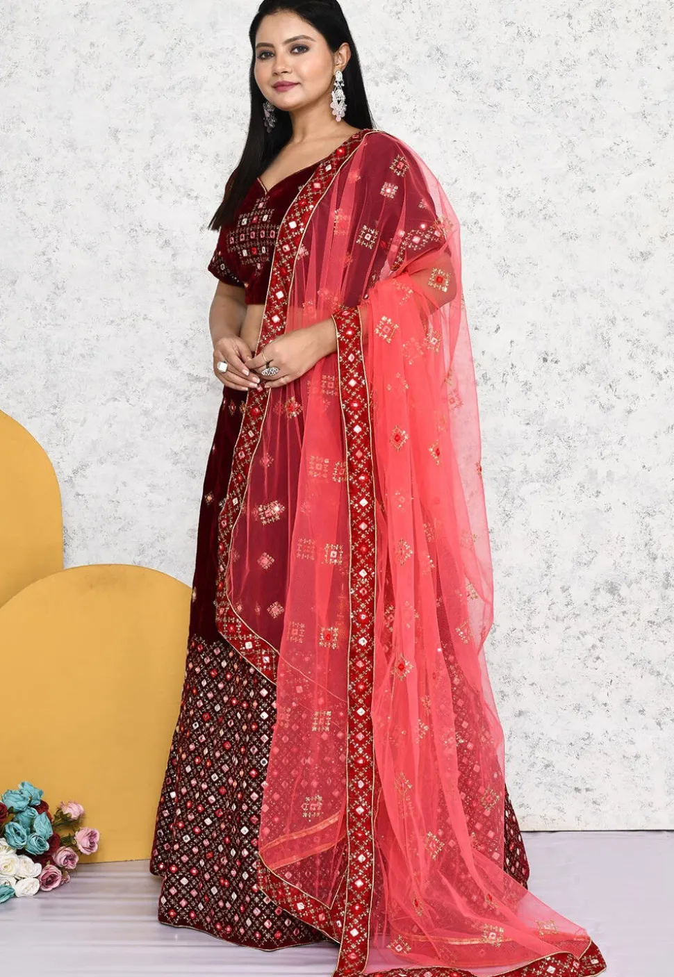 Embroidered Velvet Lehenga in Wine