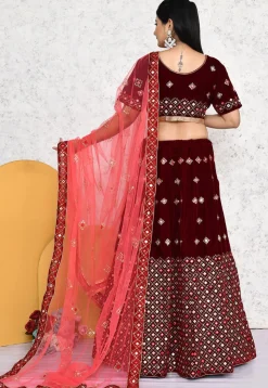 Embroidered Velvet Lehenga in Wine