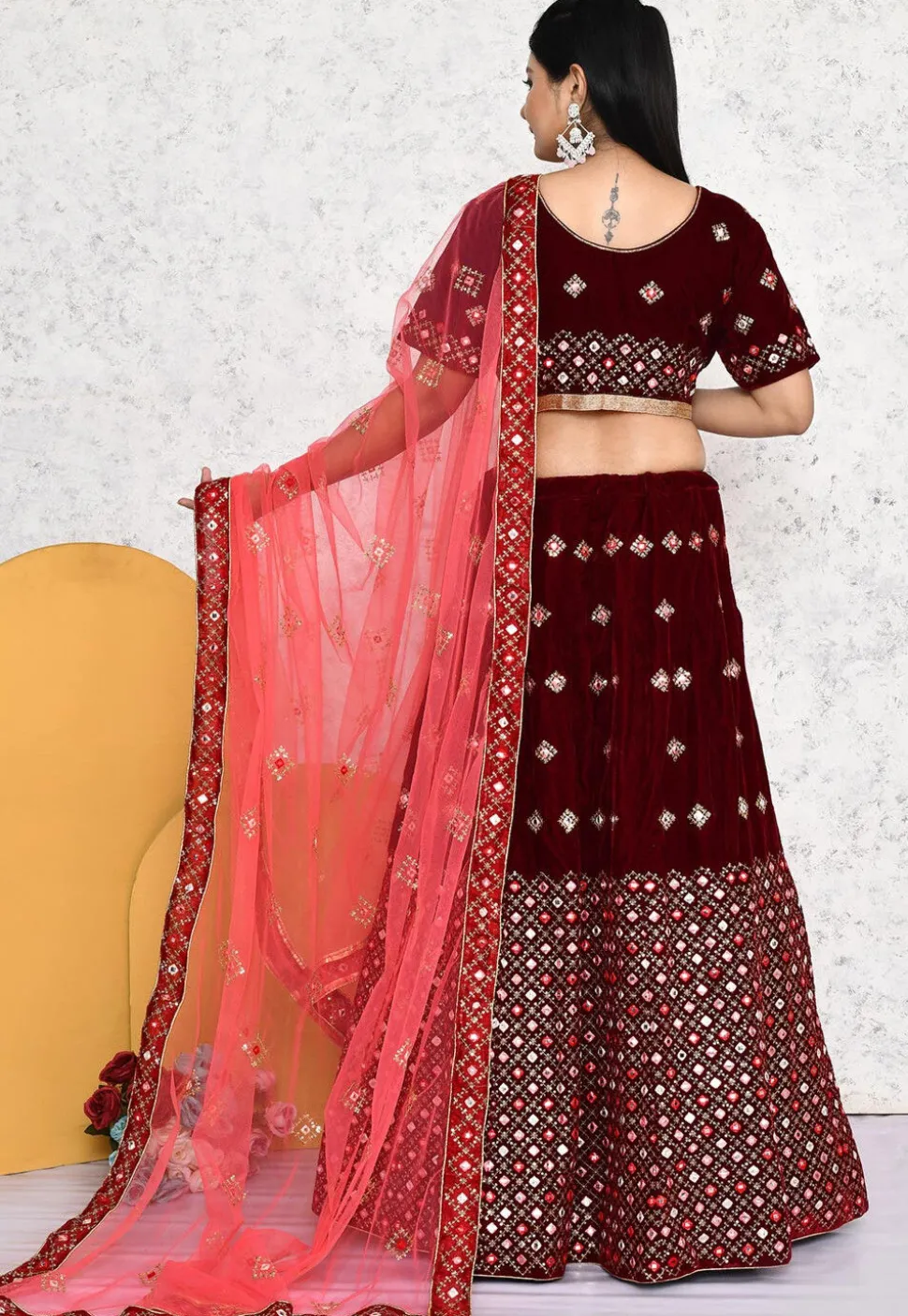 Embroidered Velvet Lehenga in Wine
