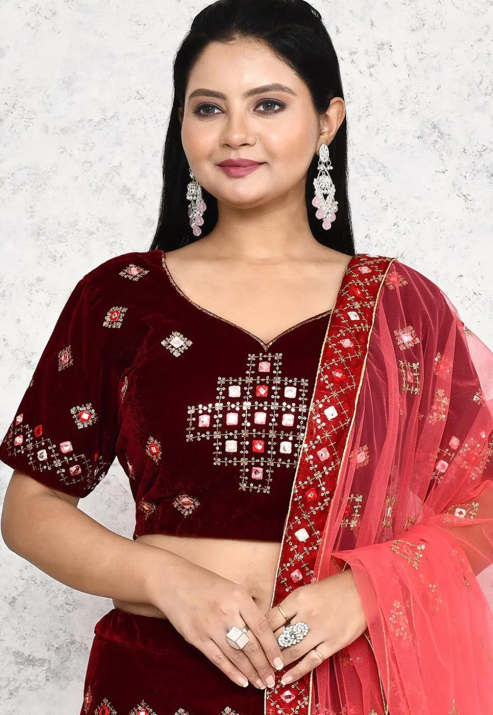 Embroidered Velvet Lehenga in Wine