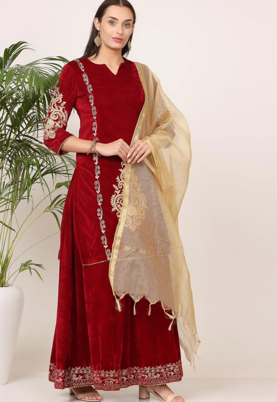 Embroidered Velvet Lehenga in Maroon