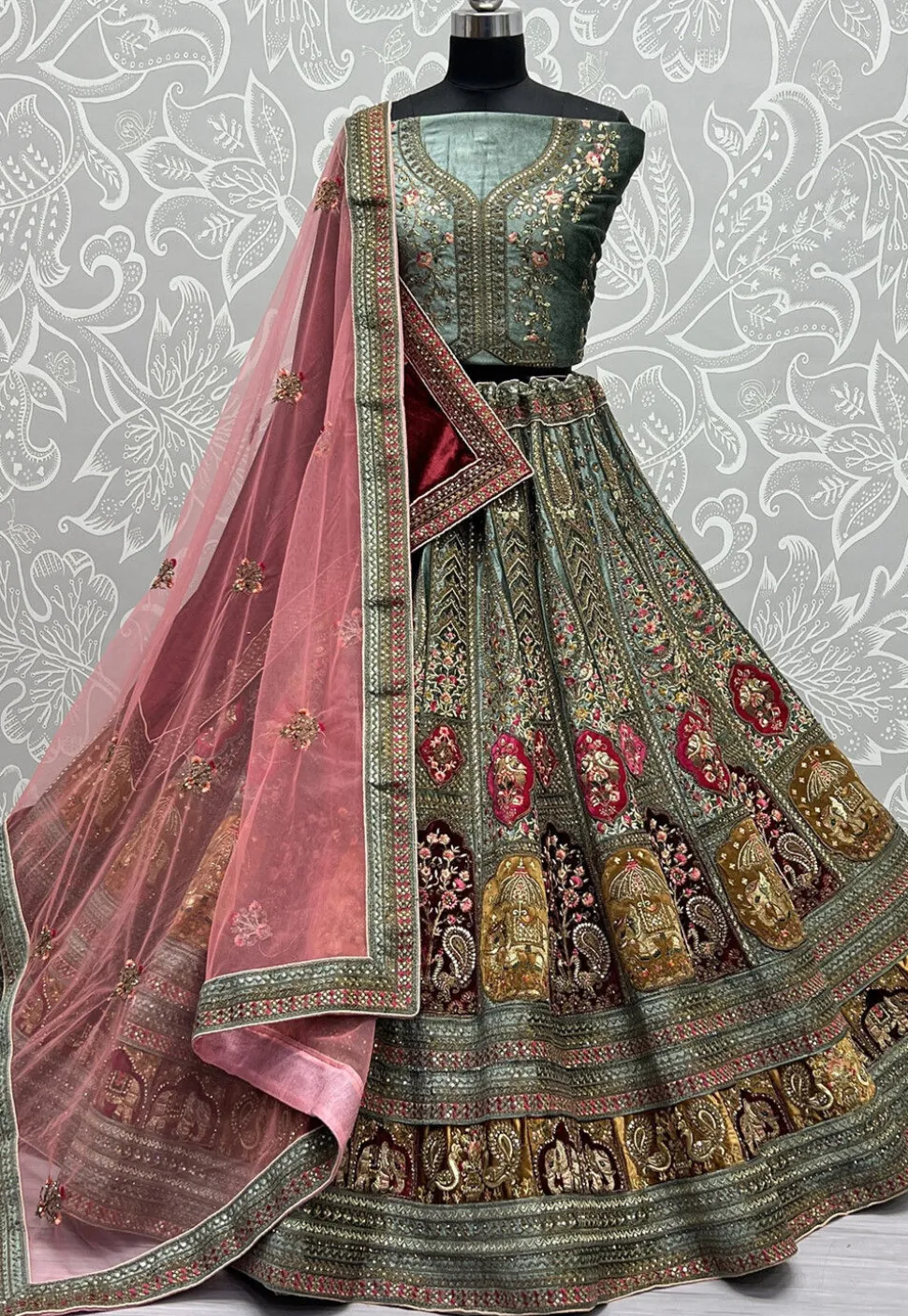 Embroidered Velvet Lehenga in Dusty Blue