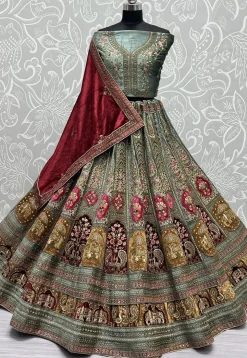 Embroidered Velvet Lehenga in Dusty Blue