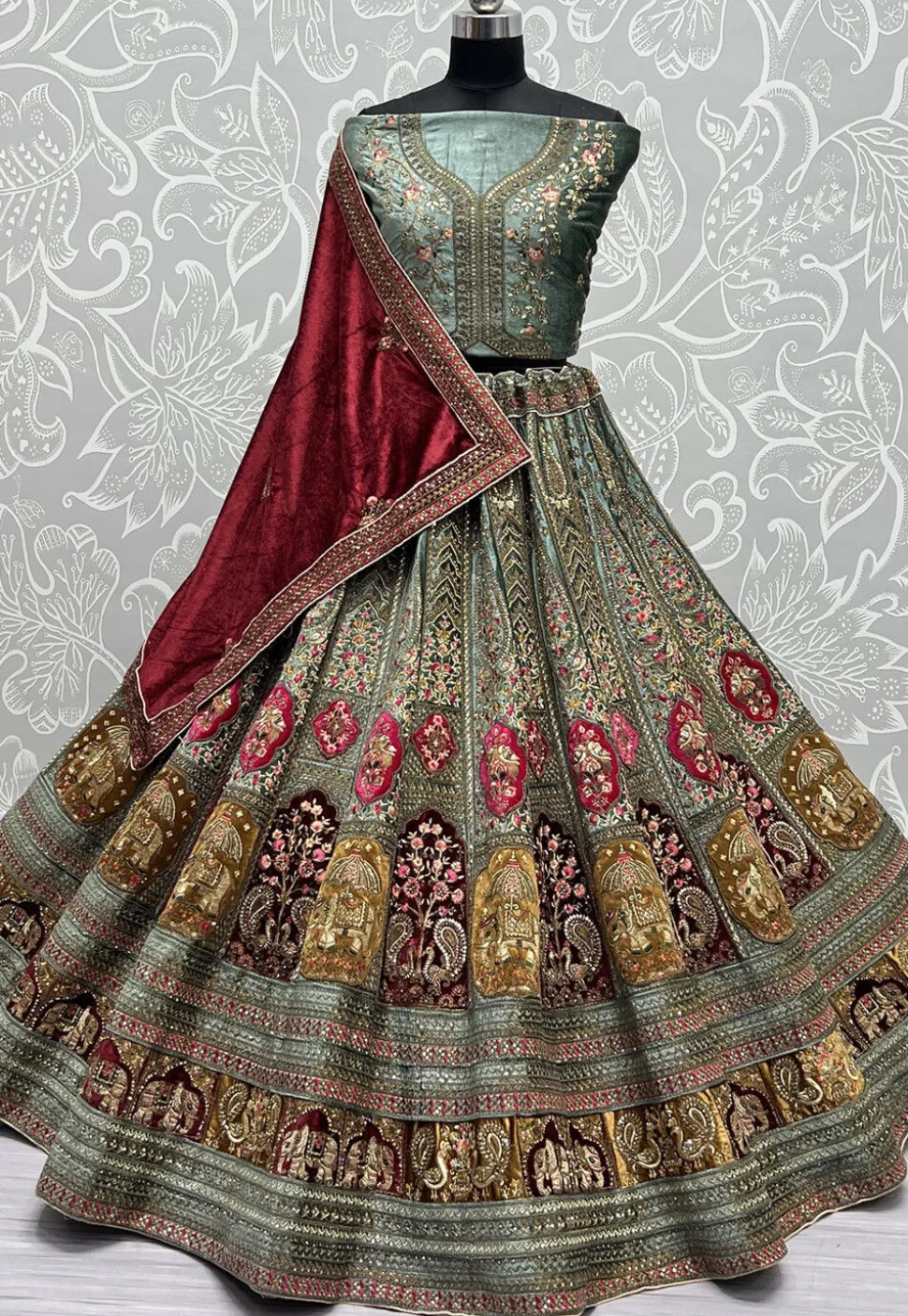 Embroidered Velvet Lehenga in Dusty Blue