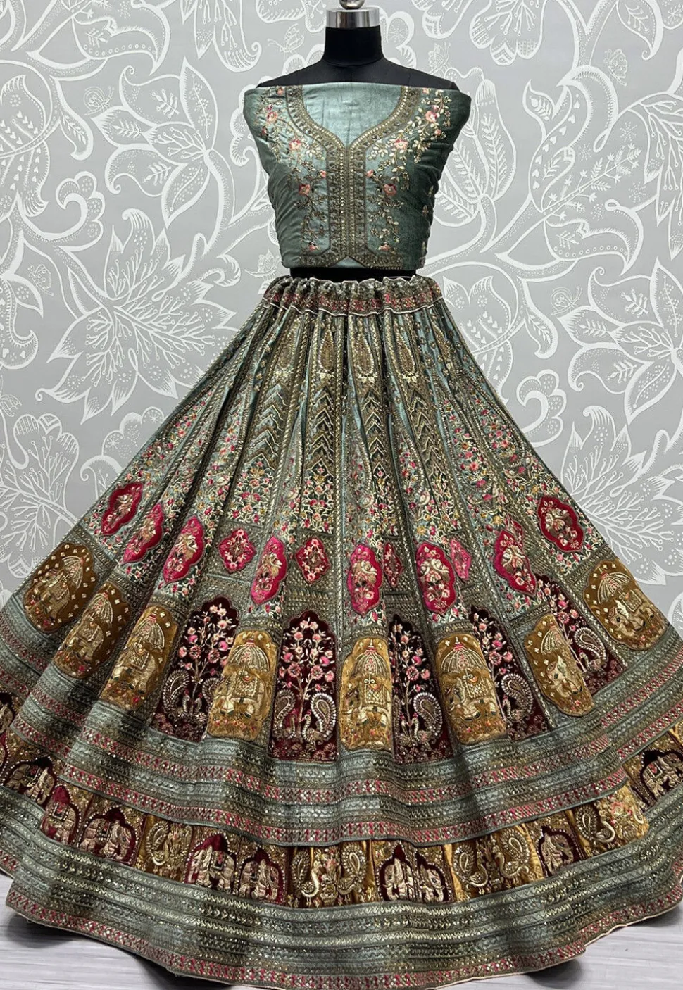 Embroidered Velvet Lehenga in Dusty Blue
